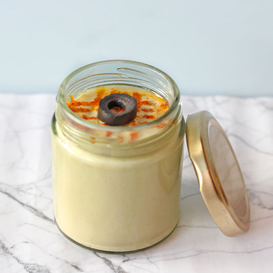 hummus in a glass jar